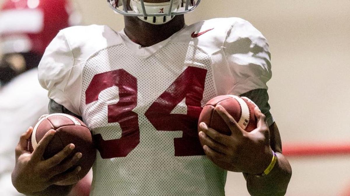 Alabama running back Damien Harris (34) works through drills during football practice, Wednesday, Aug. 30, 2017, at the Hank Crisp Indoor Facility in Tuscaloosa, Ala. Harris, a former star at Madison Southern in Richmond, was Alabama’s top rusher last season. Alabama opens the season Saturday night against Florida State in Tallahassee.