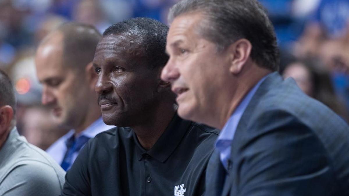Kentucky basketball coach John Calipari talked with Toronto Raptors head coach Dwane Casey during the UK Alumni Charity basketball game in Rupp Arena on Friday Aug. 25, 2017 in Lexington, Ky. Casey is a former Kentucky player and assistant coach.