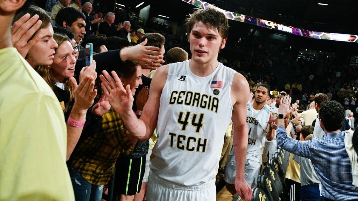 Georgia Tech center Ben Lammers (44) accepts congratulations after the Yellow Jackets upset No. 6 Florida State 78-56 on Wednesday, Jan. 25, 2017, in Atlanta.