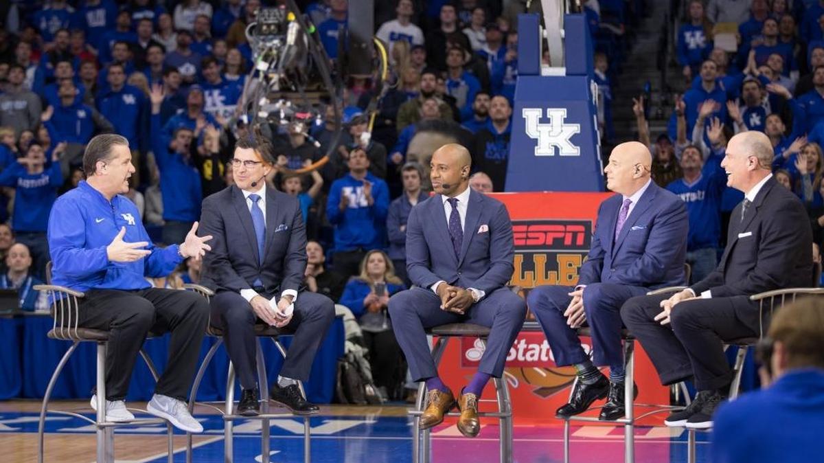 Kentucky coach John Calipari talks to the ESPN College GameDay crew of Rece Davis, Jay Williams, Seth Greenberg, and Jay Bilas last week before the UK-Kansas game at Rupp Arena on Saturday Jan. 28, 2017 in Lexington, Ky. GameDay is in Gainesville, Fla. for Saturday’s Kentucky-Florida game.