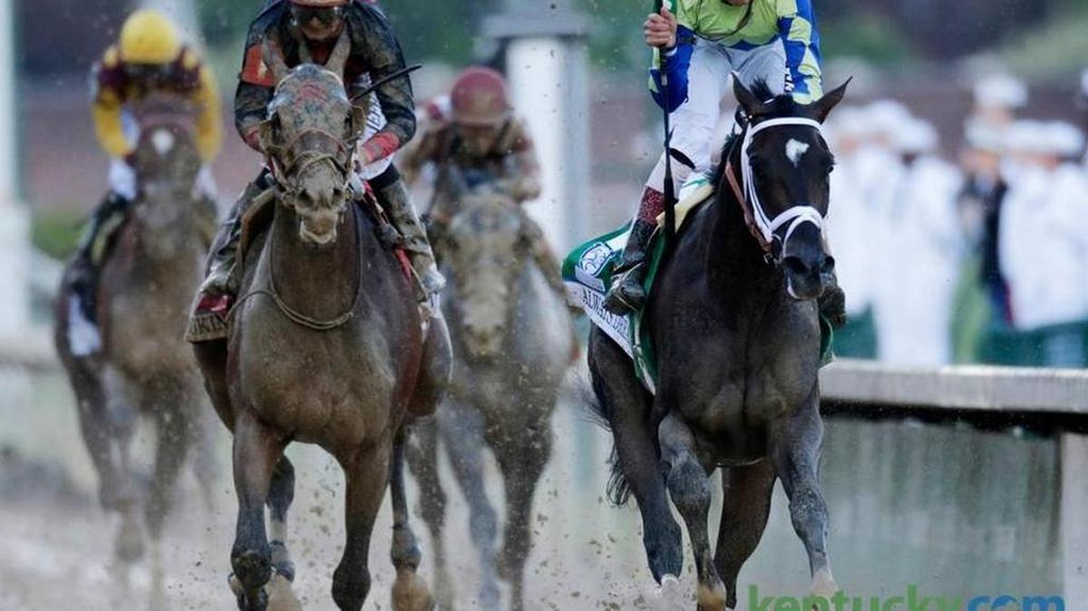 John R. Velazquez sits up on Always Dreaming after they won the 143rd running of the Kentucky Derby in Louisville, Ky, on May 6, 2017. The Derby winner finished a well-beaten eighth in the Preakness, won by Cloud Computing. The two meet against Saturday in the Jim Dandy Stakes at Saratoga.