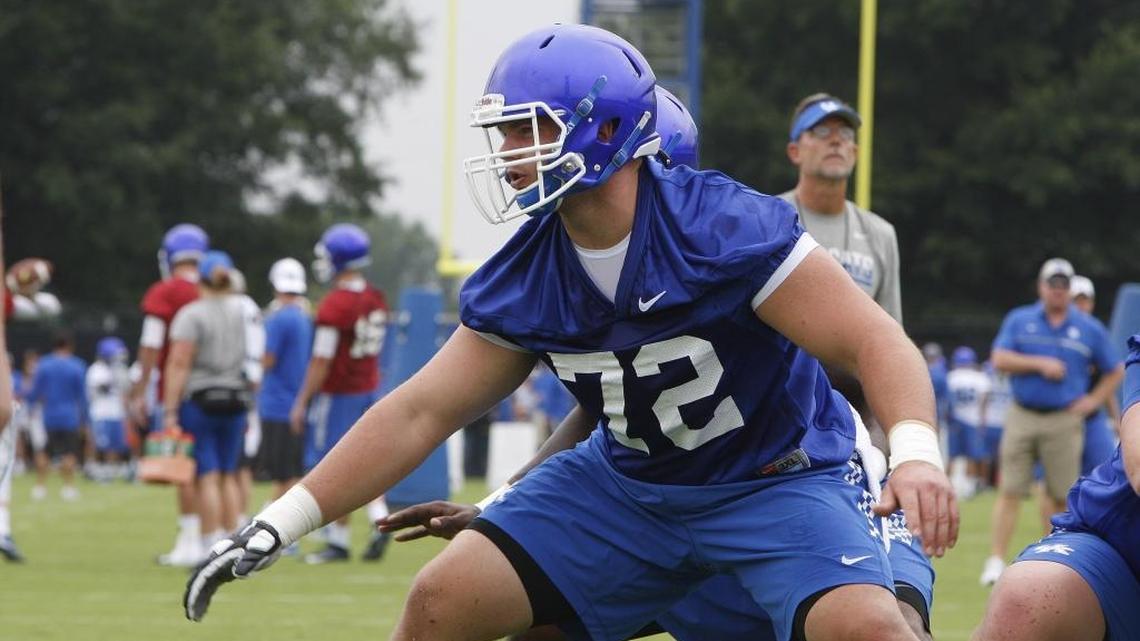 Center Jon Toth works during UK’s open practice as part of Fan Day on August 16, 2016. Thursday, Toth was named first-team All-SEC at center by the Associated Press.