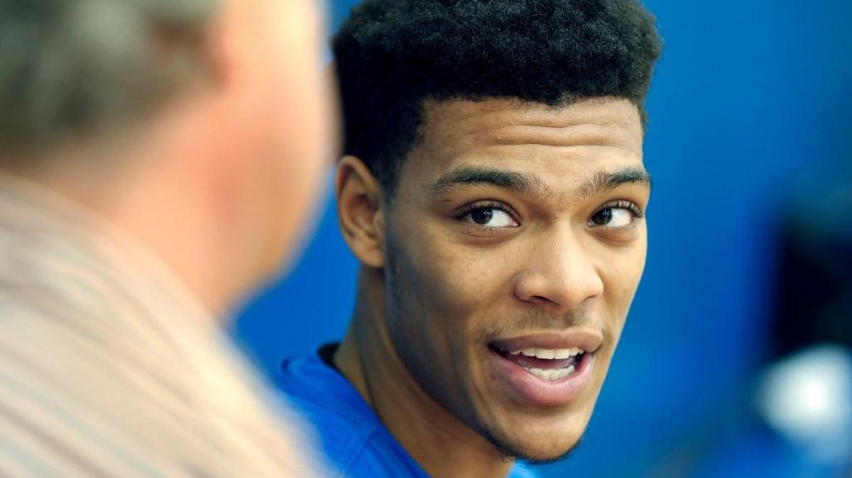 Freshman guard Quade Green (0) was interviewed during the University of Kentucky men's basketball media day held in the Joe Craft Center Center in Memorial Coliseum in Lexington, Ky., Thursday, October 12, 2017.