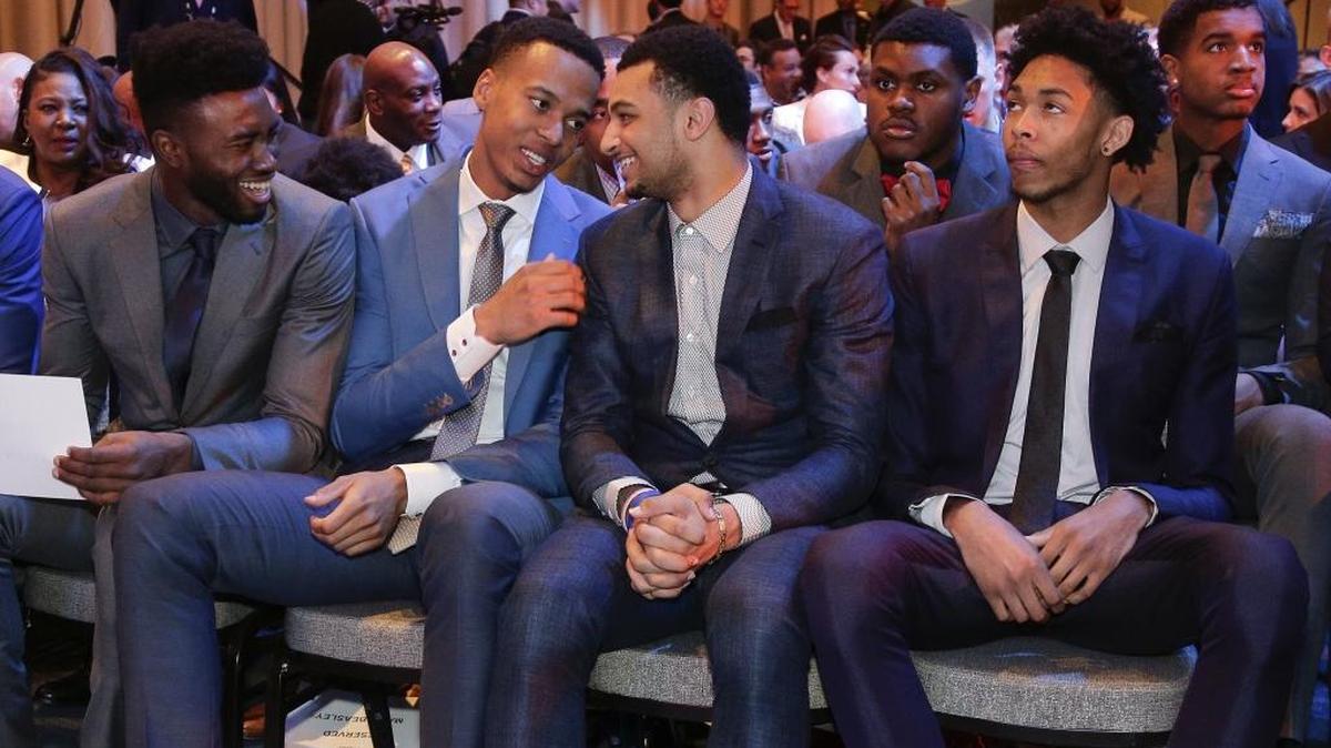 NBA draft prospects Jaylen Brown, Skal Labissiere, Jamal Murray and Brandon Ingram talk before the start of the NBA basketball draft lottery, Tuesday, May 17, 2016, in New York. Labissiere and Murray have been invited to the NBA Draft on Thursday.