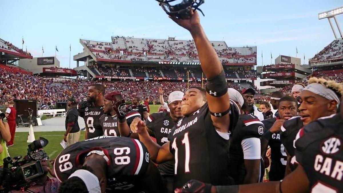 South Carolina freshman quarterback Brandon McIlwain celebrates after team’s win over East Carolina last Saturday.