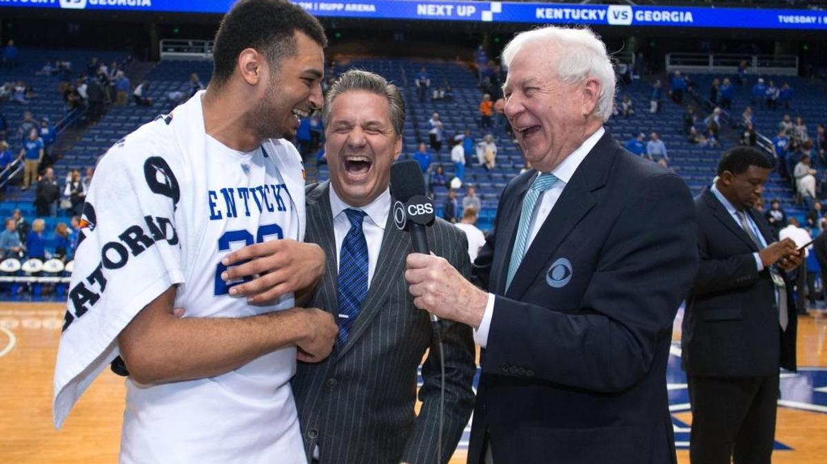 Kentucky guard Jamal Murray, left, jokes with Kentucky head coach John Calipari, center and CBS announcer Bill Raftery after Kentucky beat Florida 80-61 on Feb. 6, 2016 at Rupp Arena. Murray scored a career-high 35 points.
