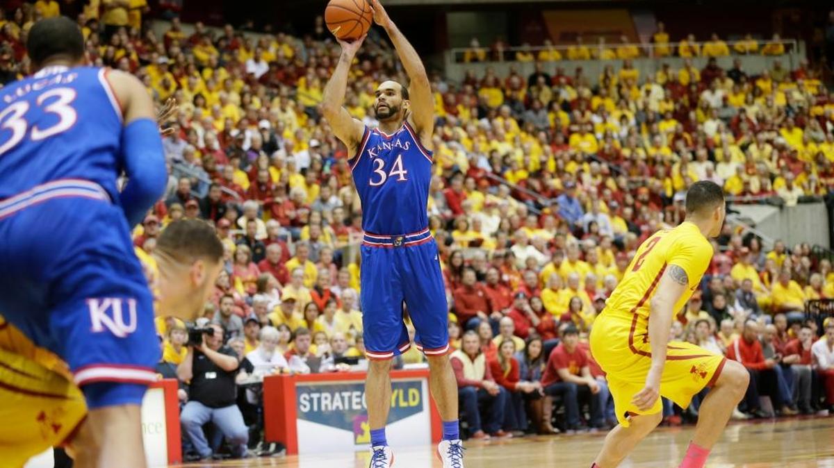 Kansas forward Perry Ellis shoots during the first half of an NCAA college basketball game against Iowa State, Monday, Jan. 25, 2016, in Ames, Iowa.