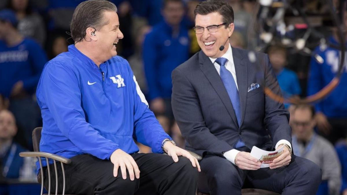 Kentucky basketball coach John Calipari laughs with Rece Davis during ESPN’s College GameDay broadcast from Rupp Arena on Saturday Jan. 28, 2017 in Lexington, Ky. Davis will be part of ESPN’s coverage of the NBA Draft on Thursday night.