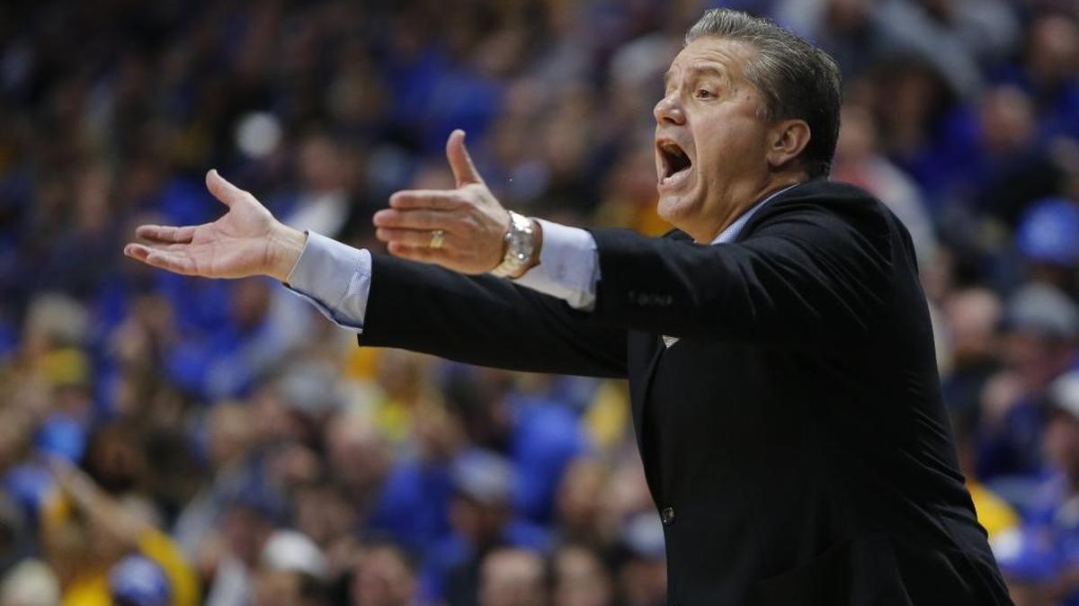 Kentucky head coach John Calipari reacts to a call against the Morehead State Eagles during the Kentucky Cares Classic at Rupp Arena on Monday, October 30, 2017 in Lexington, Ky. UK beat the Eagles 92-67.