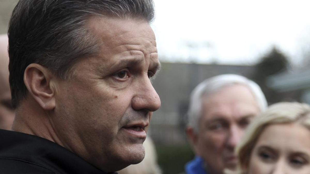 Kentucky basketball coach John Calipari talks to the media after viewing the NCAA basketball selection show at his home, Sunday, March 12, 2017, in Lexington, Ky.